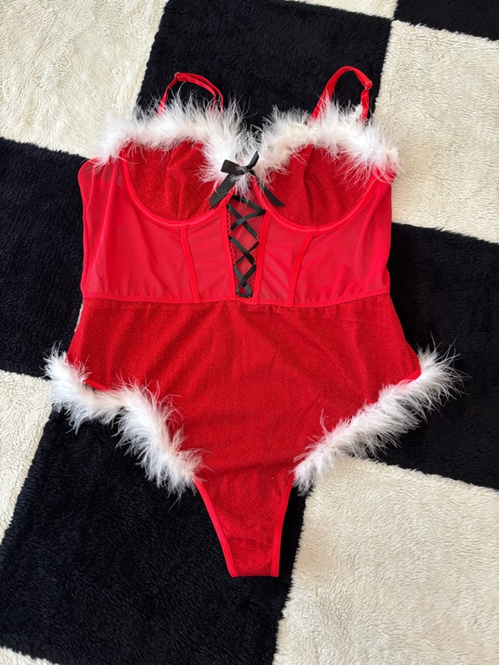 Red Faux-Fur Trim Holiday Chemise Bodysuit